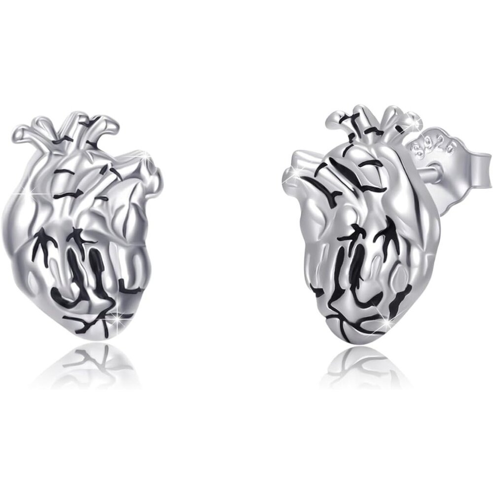 Women's Anatomical Heart Skull Earrings 925 Sterling Silver Skeleton Hand